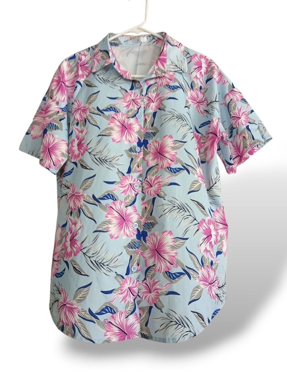 Light Blue Hawaiian Button Down Shirt Pink Floral Lightweight Beach Bbq Summer M